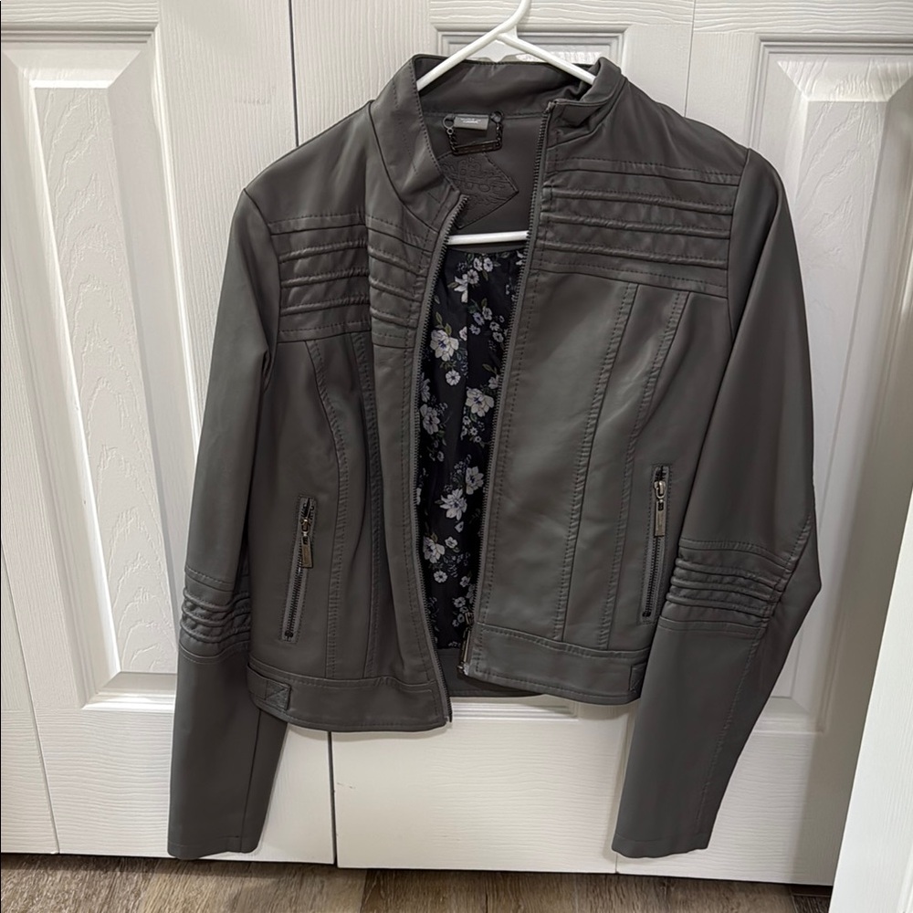 Jou Jou Gray Leather Jacket with Quilted Moto Design